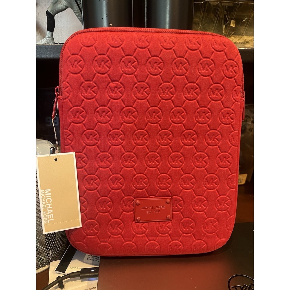 Michael Kors Red Fabric Tablet Sleeve/Pouch EST. 1981 Embossed Logo Zip Closure